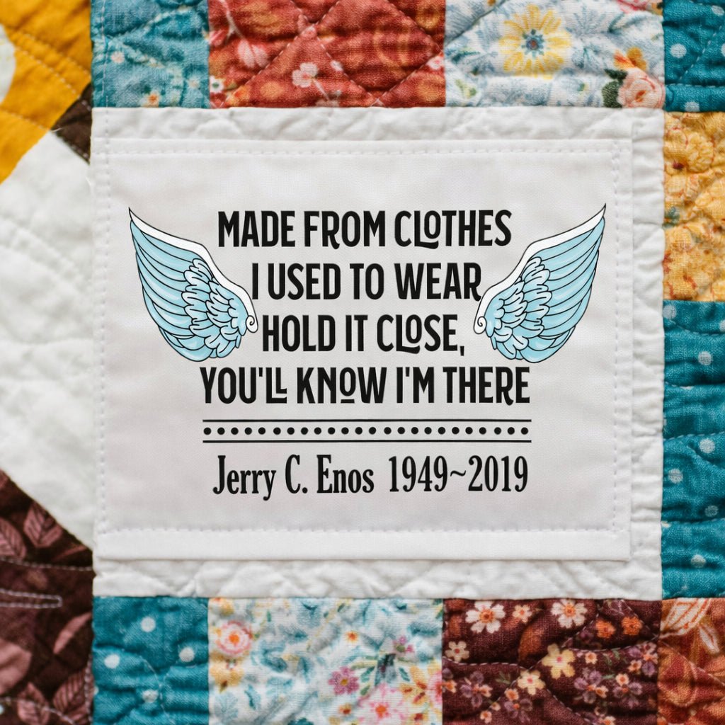 Personalized Angel Wing Memory Quilt Label – “Made From Clothes I Used to Wear” Memorial Quilt Label with Name and Dates – Custom Remembrance Quilt Label 3 x 4" - Jammin Threads