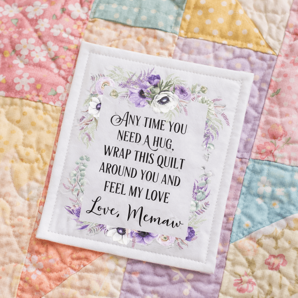 Personalized “Any Time You Need a Hug” Quilt Label – Purple Floral Quilt Label with Custom Name – Cotton or Polyester (6 per Sheet) - Jammin Threads
