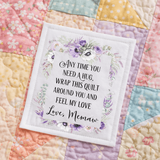 Personalized “Any Time You Need a Hug” Quilt Label – Purple Floral Quilt Label with Custom Name – Cotton or Polyester (6 per Sheet) - Jammin Threads