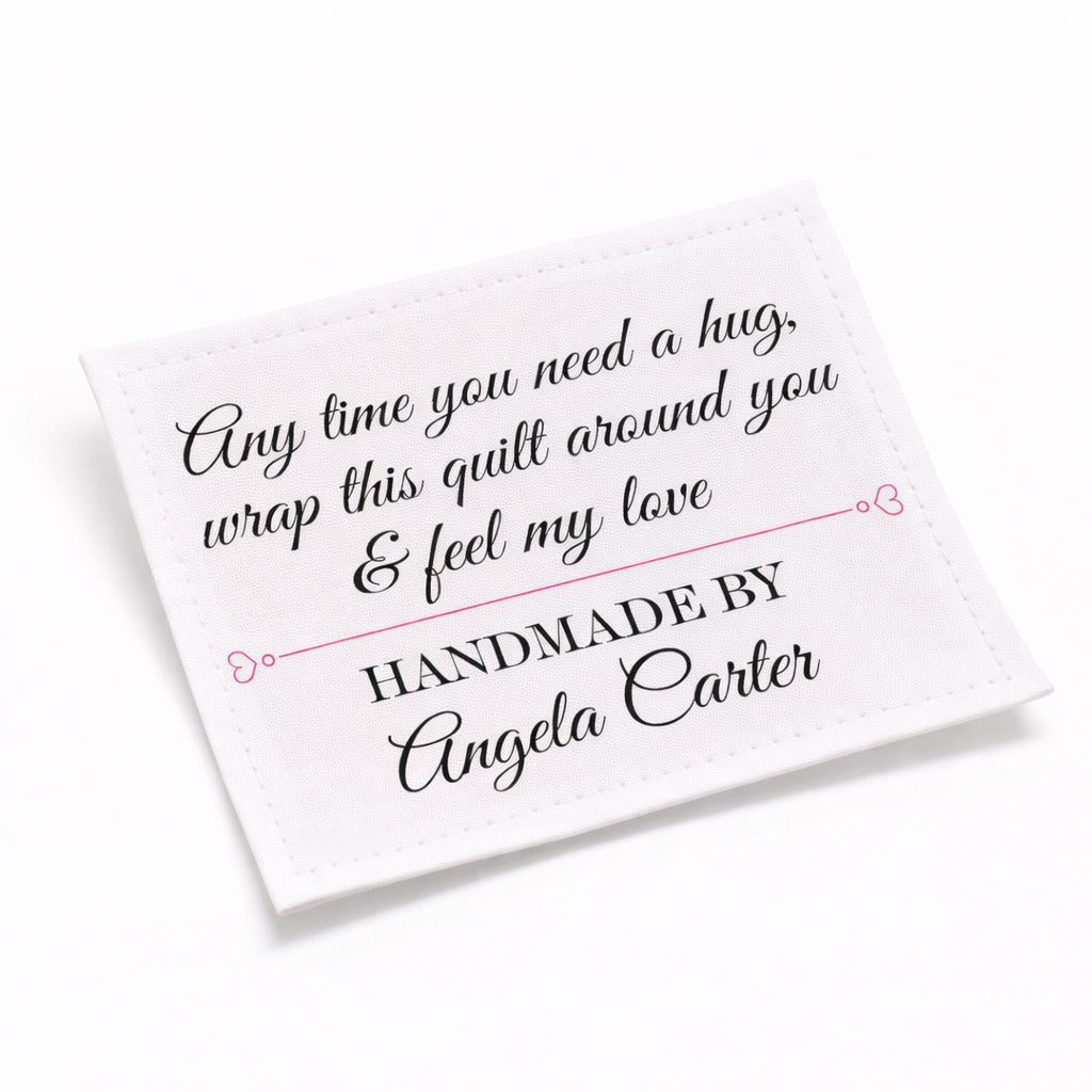 Personalized “Anytime You Need a Hug” Quilt Label – Custom Handmade Quilt Label with Maker Name – Cotton or Polyester – 2 x 3" – Sheet of 6 – Jammin’ Threads - Jammin Threads