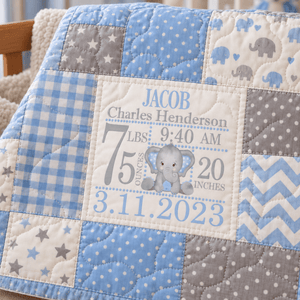 Personalized Baby Birth Announcement Quilt Label or Block – Blue Elephant - Jammin Threads