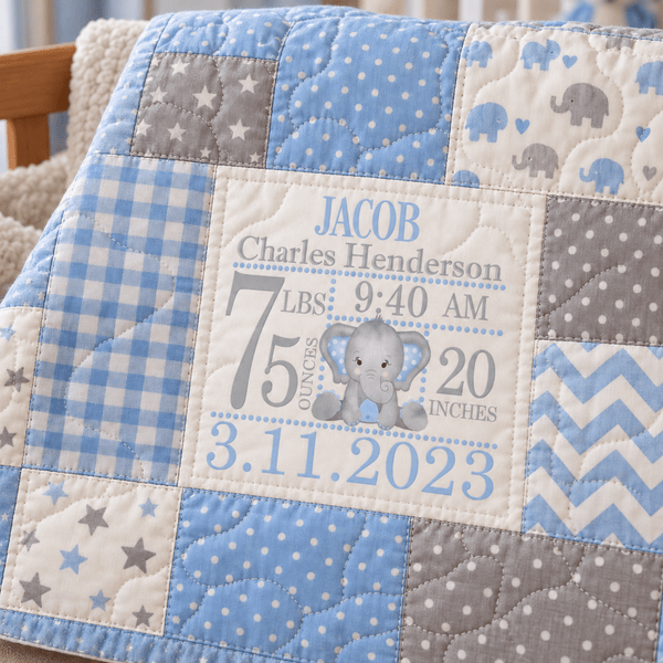 Personalized Baby Birth Announcement Quilt Label or Block – Blue Elephant - Jammin Threads