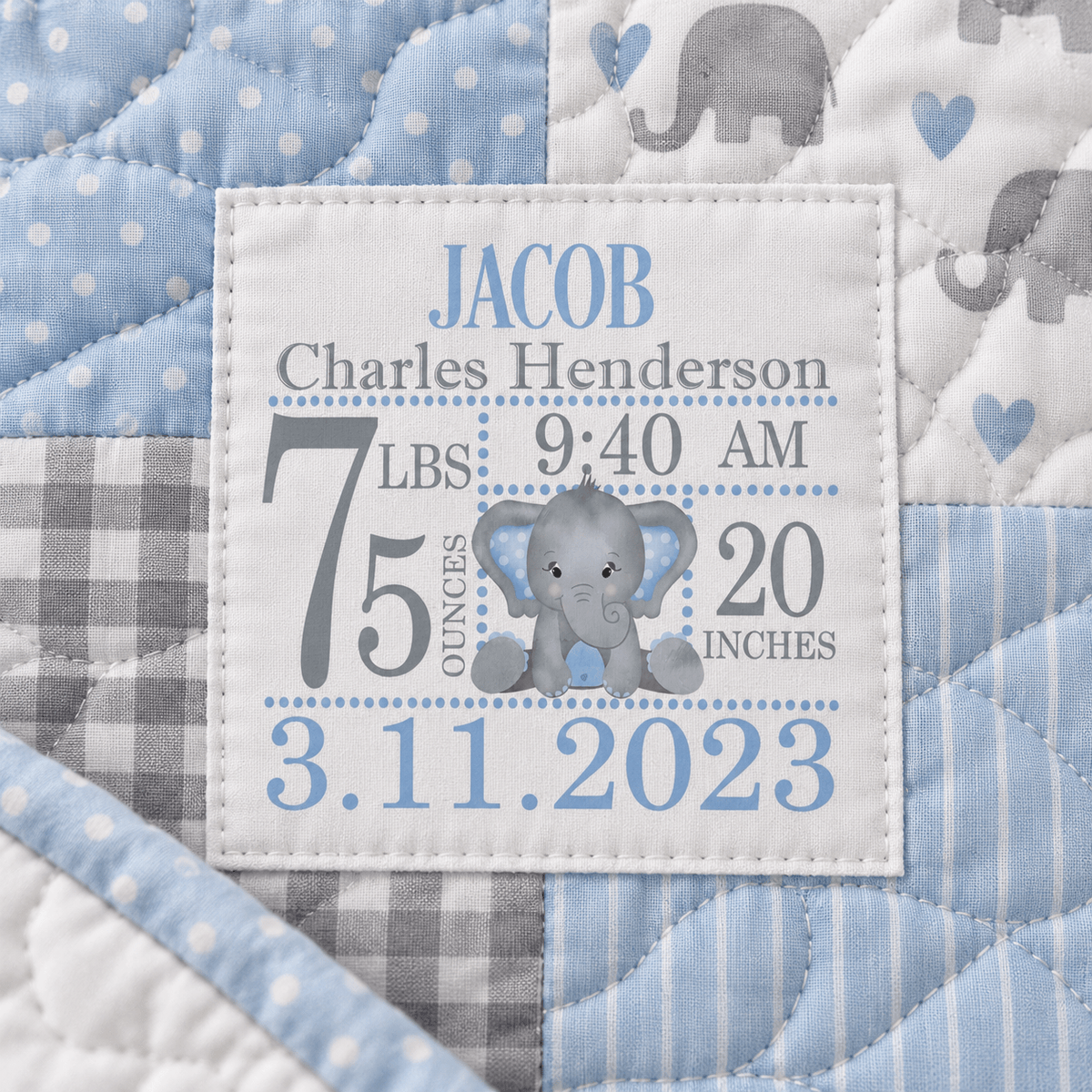 Personalized Baby Birth Announcement Quilt Label or Block – Blue Elephant - Jammin Threads