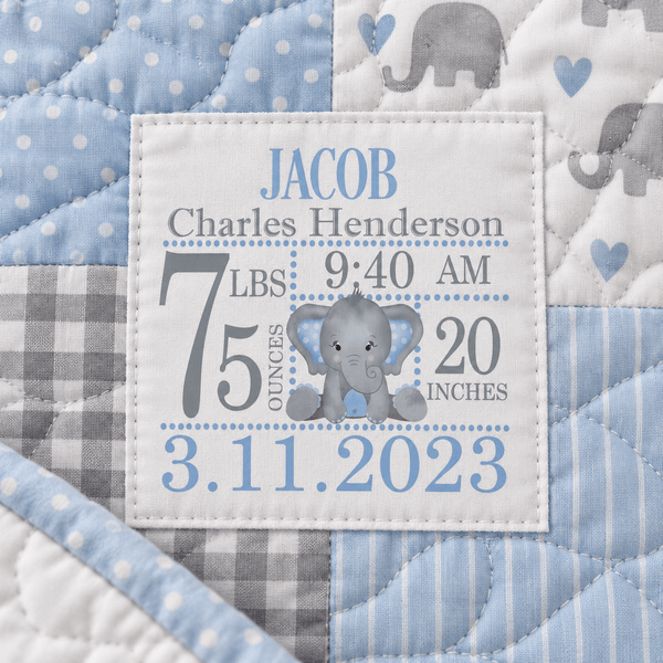 Personalized Baby Birth Announcement Quilt Label or Block – Blue Elephant - Jammin Threads