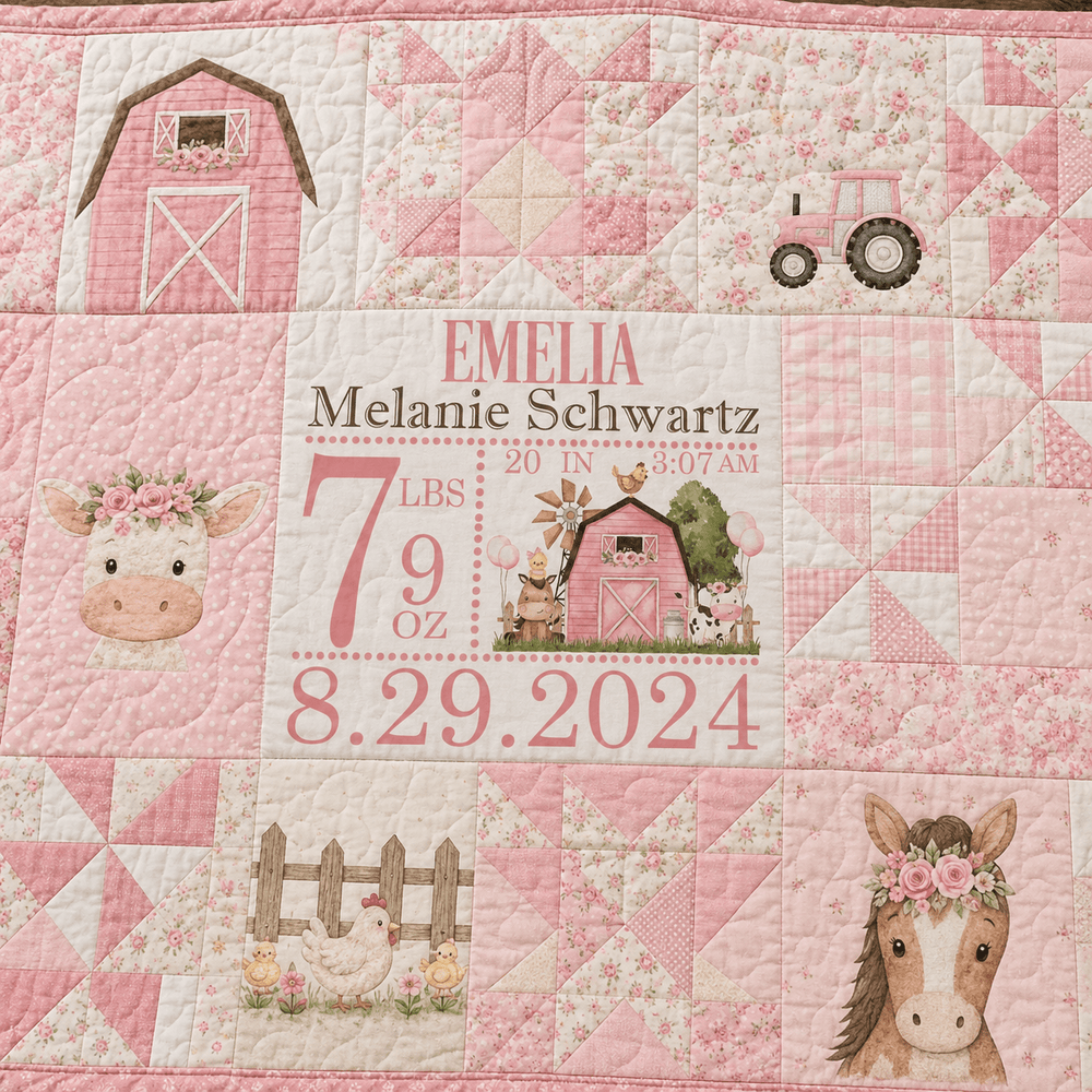 Personalized Baby Birth Announcement Quilt Label or Quilt Block – Pink Farm - Jammin Threads