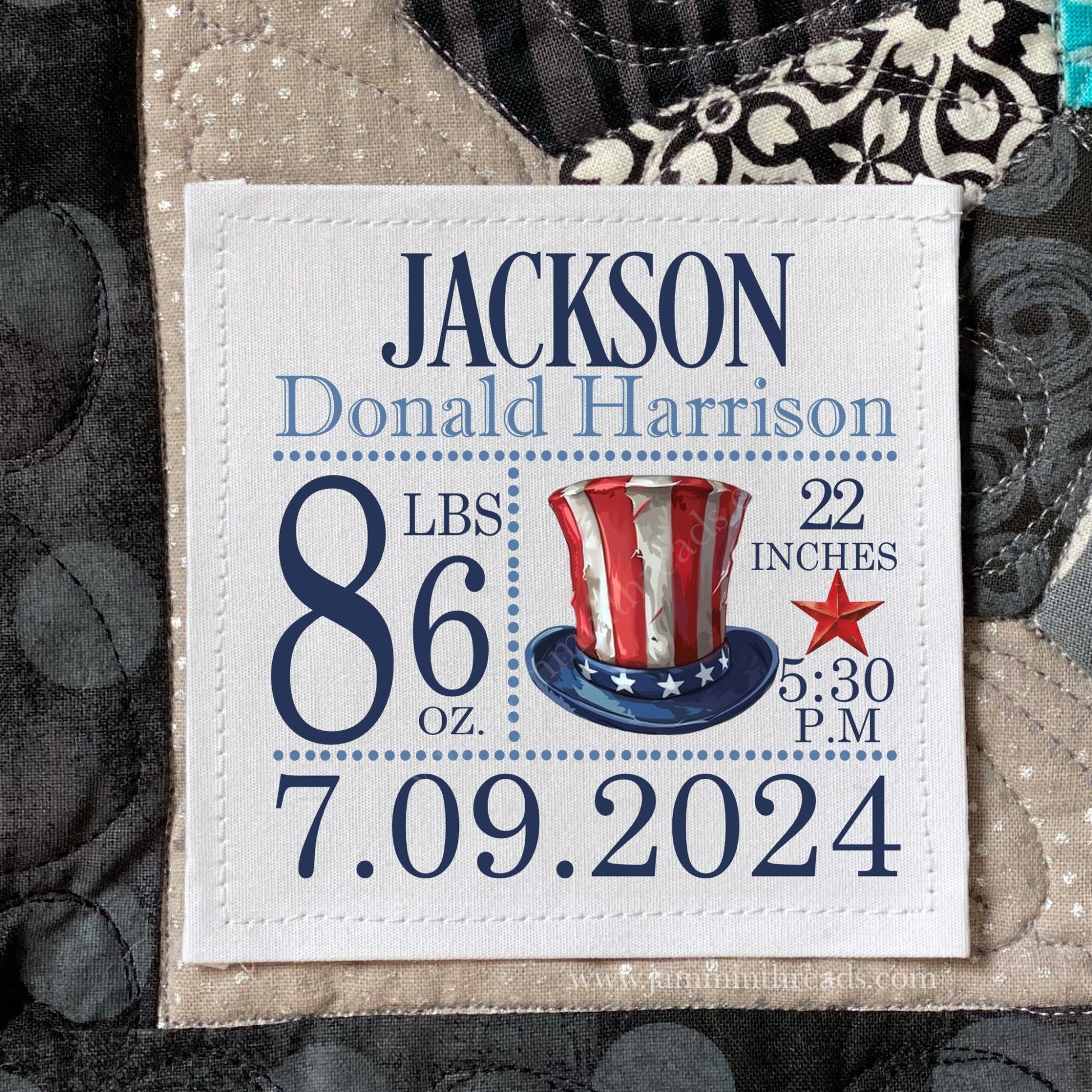Personalized Baby Birth Quilt Label – Custom Birth Stats – Patriotic Baby Quilt Label | Cotton or Polyester - Jammin Threads