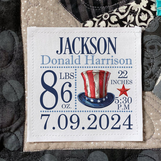 Personalized Baby Birth Quilt Label – Custom Birth Stats – Patriotic Baby Quilt Label | Cotton or Polyester - Jammin Threads