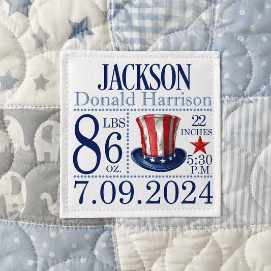 Personalized Baby Birth Quilt Label – Custom Birth Stats – Patriotic Baby Quilt Label | Cotton or Polyester - Jammin Threads