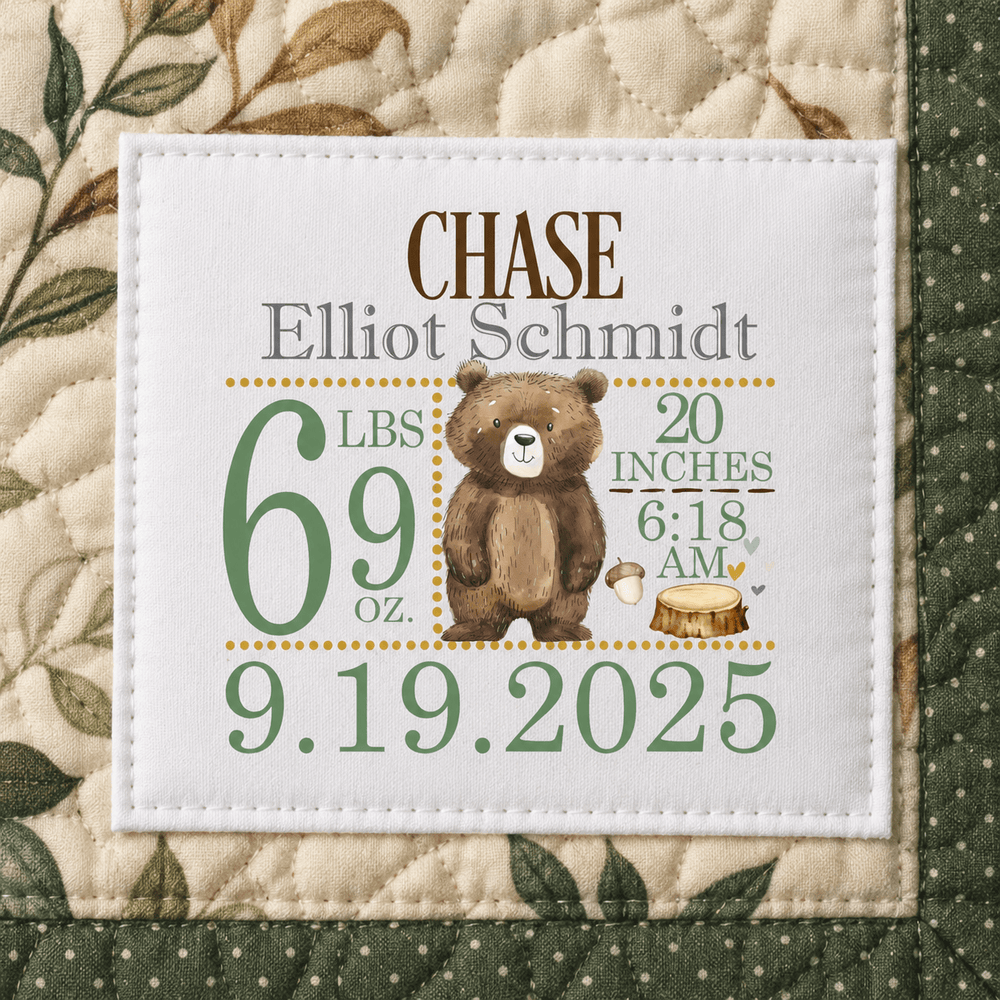 Personalized Baby Birth Stats Quilt Label – Bear Birth Announcement Label - Jammin Threads