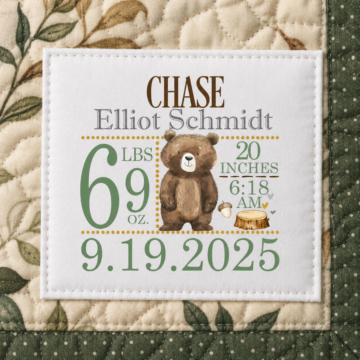 Personalized Baby Birth Stats Quilt Label – Bear Birth Announcement Label - Jammin Threads