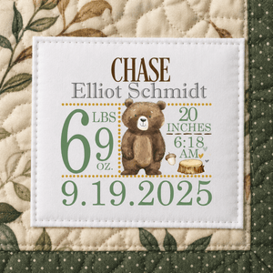 Personalized Baby Birth Stats Quilt Label – Bear Birth Announcement Label - Jammin Threads