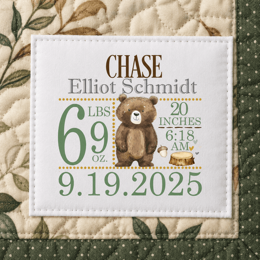 Personalized Baby Birth Stats Quilt Label – Bear Birth Announcement Label - Jammin Threads