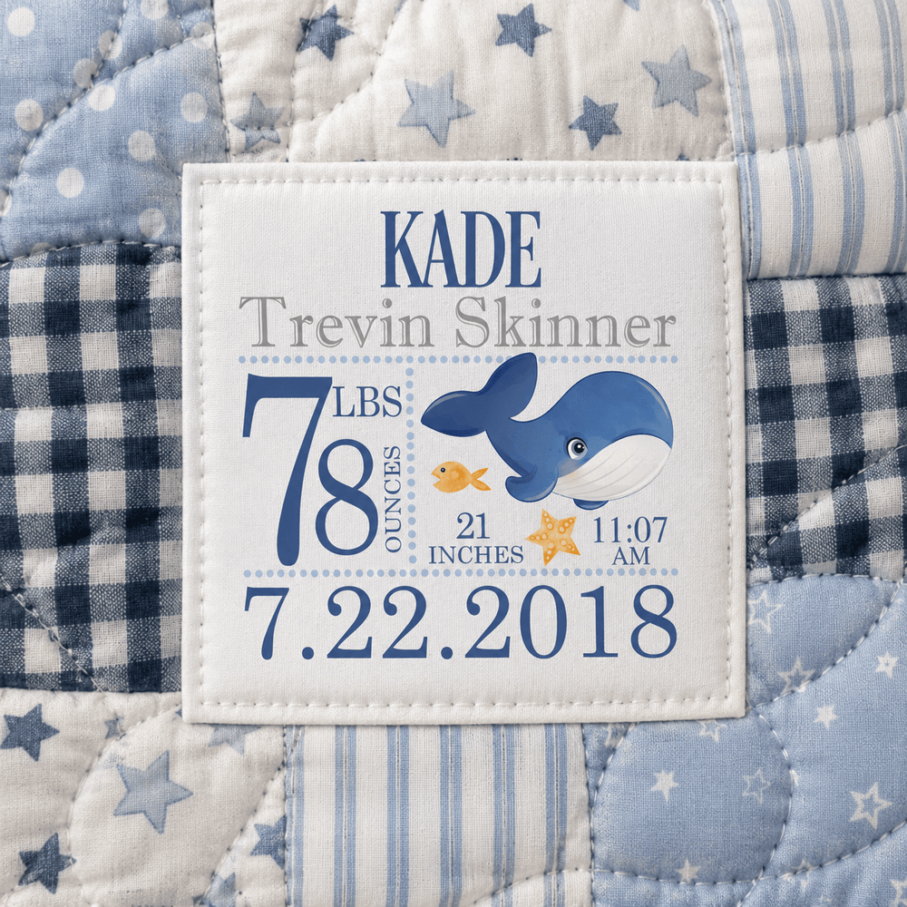 Personalized Baby Birth Stats Quilt Label – Whale Birth Announcement Quilt Tag - Jammin Threads