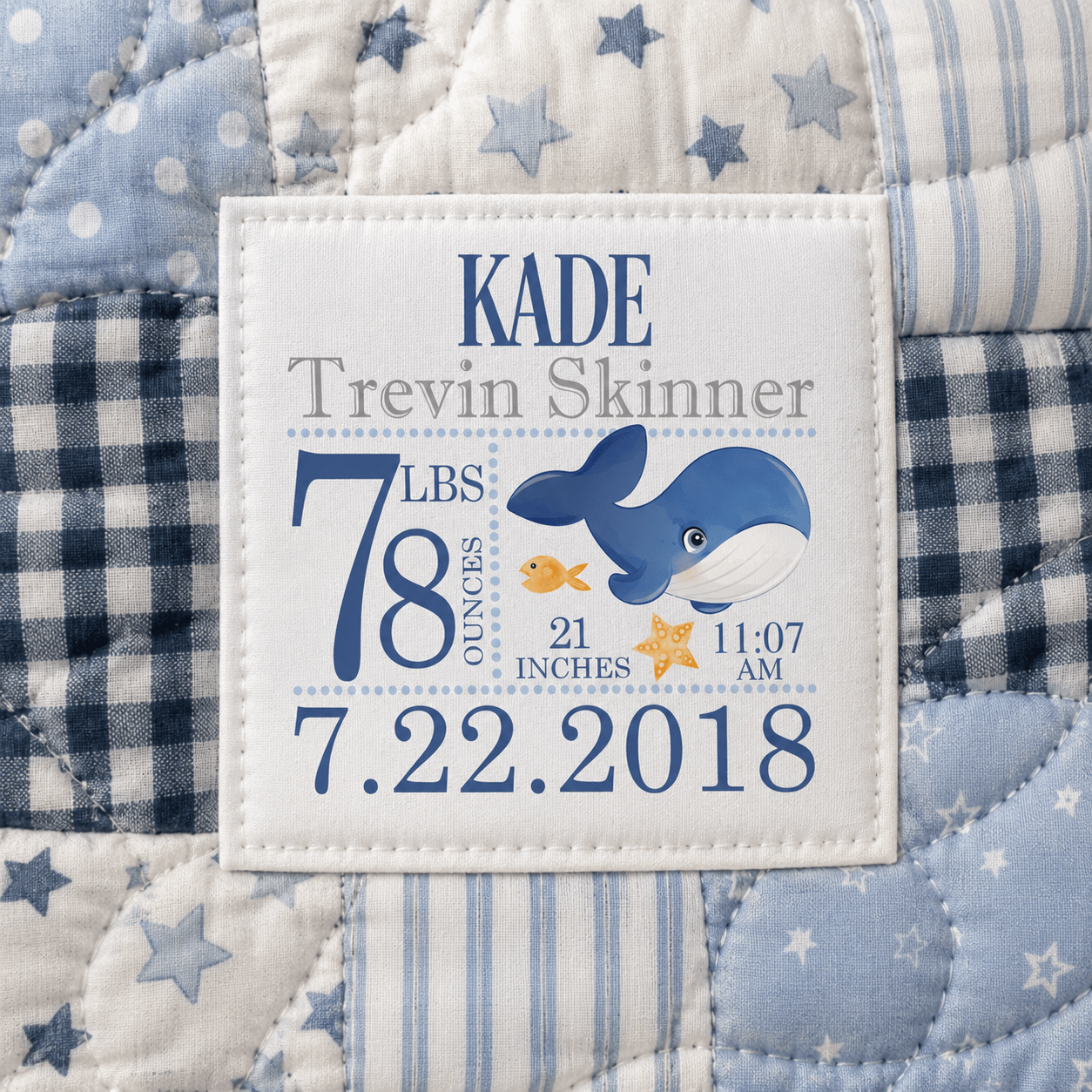 Personalized Baby Birth Stats Quilt Label – Whale Birth Announcement Quilt Tag - Jammin Threads