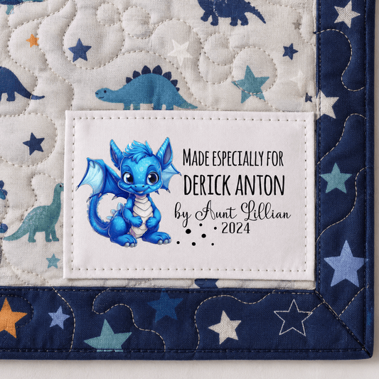 Personalized Baby Dragon Quilt Label for Kids Quilt | Custom Name Quilt Tag | Handmade Quilt Label with Maker Name & Year - Jammin Threads