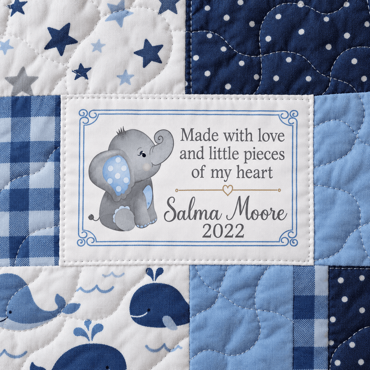 Personalized Baby Quilt Label – Blue Elephant – Made with Love - Jammin Threads