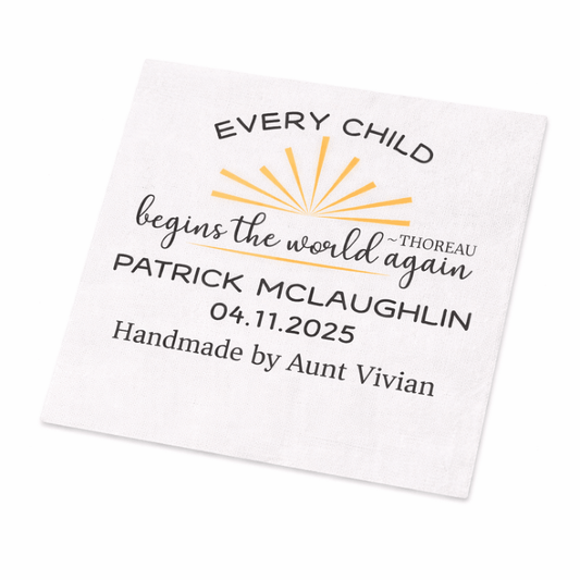 Personalized Baby Quilt Label – “Every Child Begins the World Again” Thoreau Quote, Custom Quilt Label with Name, Date & Maker - Jammin Threads
