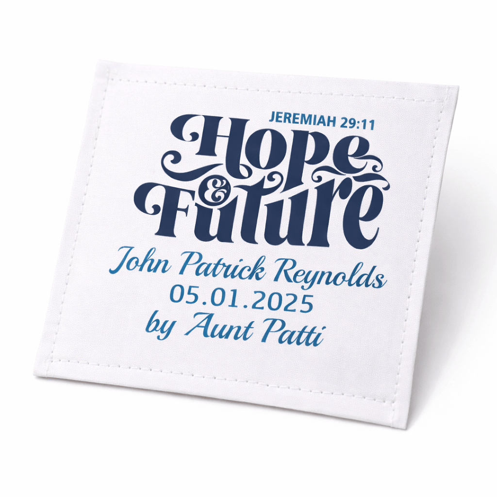 Personalized Baby Quilt Label – Hope & Future Jeremiah 29:11 – Custom Baby Quilt Tag – Christian Quilt Label – 3x3 - Jammin Threads