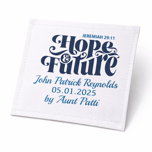 Personalized Baby Quilt Label – Hope & Future Jeremiah 29:11 – Custom Baby Quilt Tag – Christian Quilt Label – 3x3 - Jammin Threads