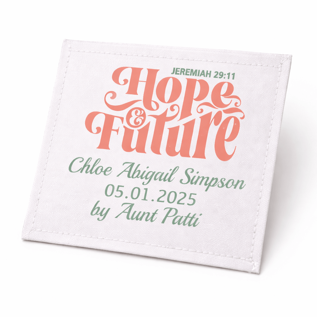 Personalized Baby Quilt Label – Hope & Future Jeremiah 29:11 – Custom Baby Quilt Tag – Christian Quilt Label – 3x3 - Jammin Threads