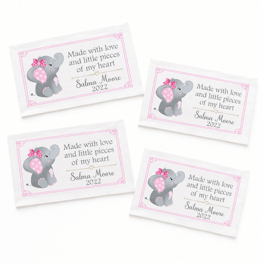 Personalized Baby Quilt Label – Pink & Gray Elephant | Made With Love - Jammin Threads