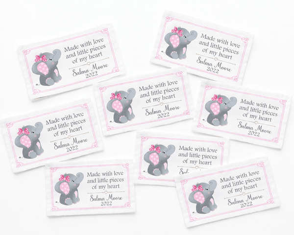 Personalized Baby Quilt Label – Pink & Gray Elephant | Made With Love - Jammin Threads