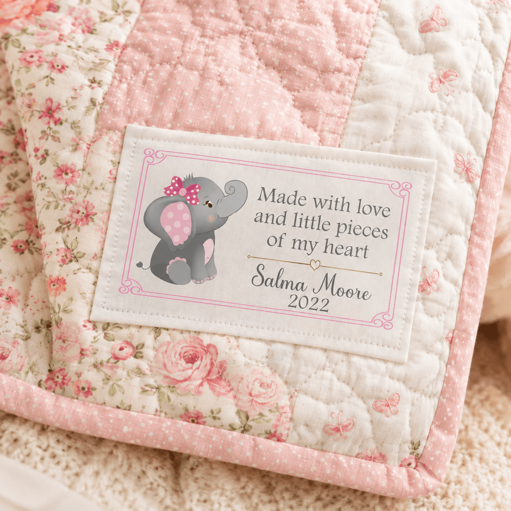 Personalized Baby Quilt Label – Pink & Gray Elephant | Made With Love - Jammin Threads