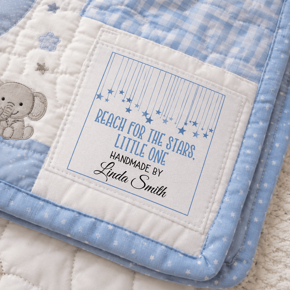 Personalized Baby Quilt Label – Reach for the Stars Little One | Blue Hanging Stars - Jammin Threads