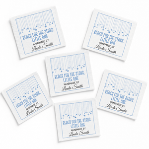 Personalized Baby Quilt Label – Reach for the Stars Little One | Blue Hanging Stars - Jammin Threads
