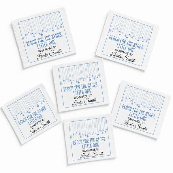 Personalized Baby Quilt Label – Reach for the Stars Little One | Blue Hanging Stars - Jammin Threads