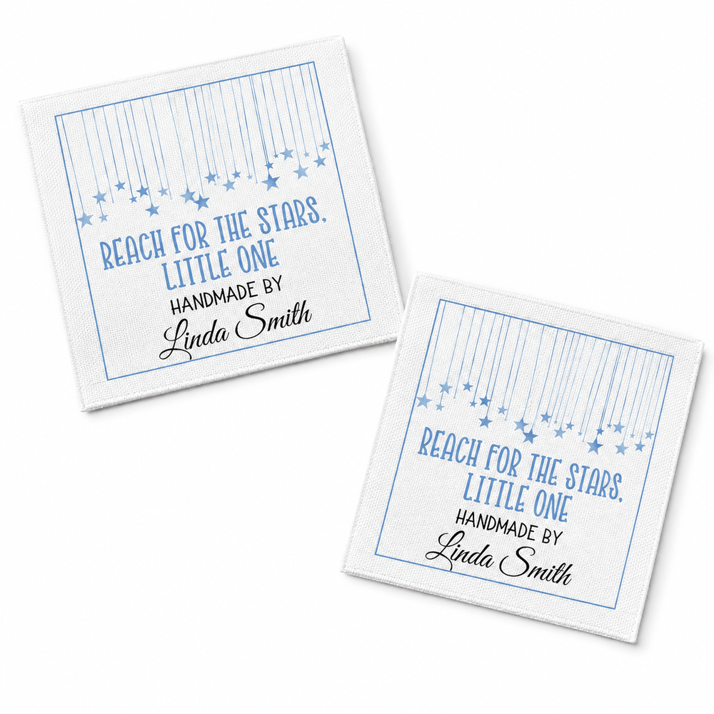 Personalized Baby Quilt Label – Reach for the Stars Little One | Blue Hanging Stars - Jammin Threads