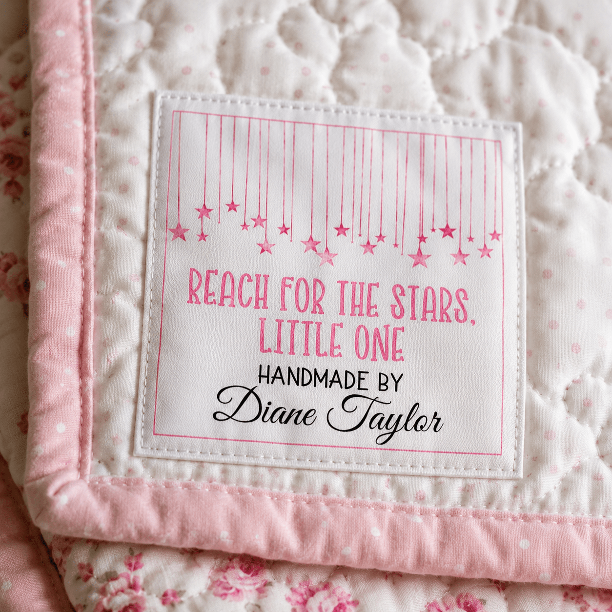 Personalized Baby Quilt Label – Reach for the Stars Little One | Pink Hanging Stars - Jammin Threads