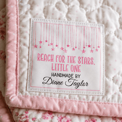 Personalized Baby Quilt Label – Reach for the Stars Little One | Pink Hanging Stars - Jammin Threads