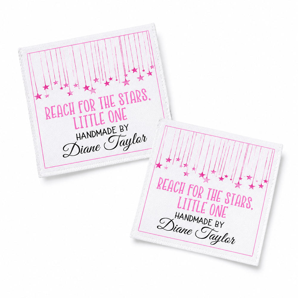 Personalized Baby Quilt Label – Reach for the Stars Little One | Pink Hanging Stars - Jammin Threads