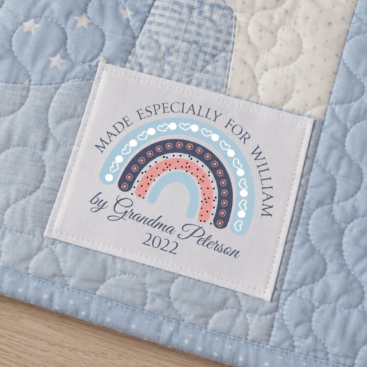 Personalized Baby Quilt Label with Blue Rainbow – Custom Cotton or Polyester Quilt Tag - Jammin Threads