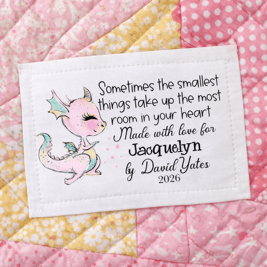 Personalized Baby Quilt Label with Pink Dragon – Custom Name, Maker & Year – 4x2.25 Quilt Label - Jammin Threads