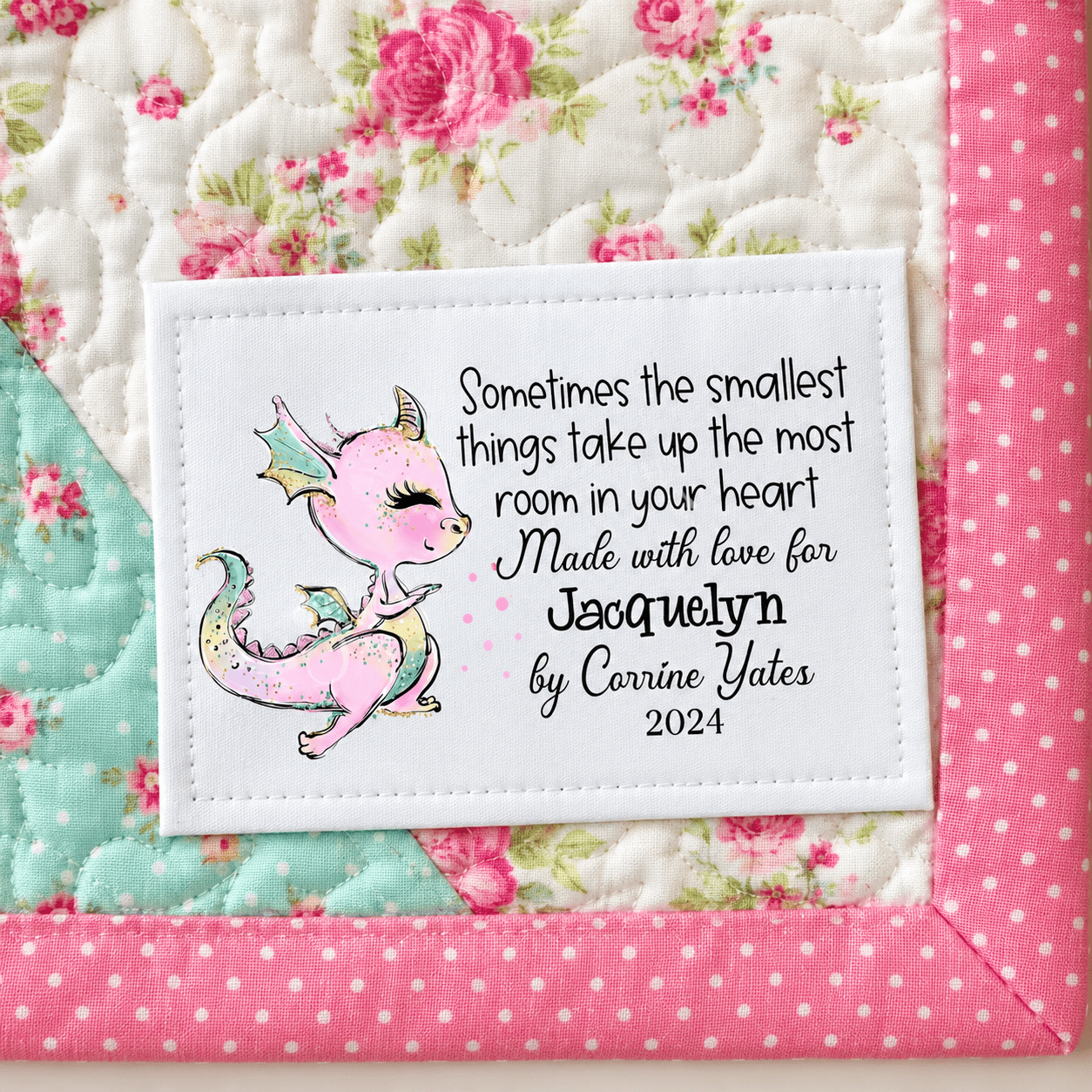 Personalized Baby Quilt Label with Pink Dragon – Custom Name, Maker & Year – 4x2.25 Quilt Label - Jammin Threads