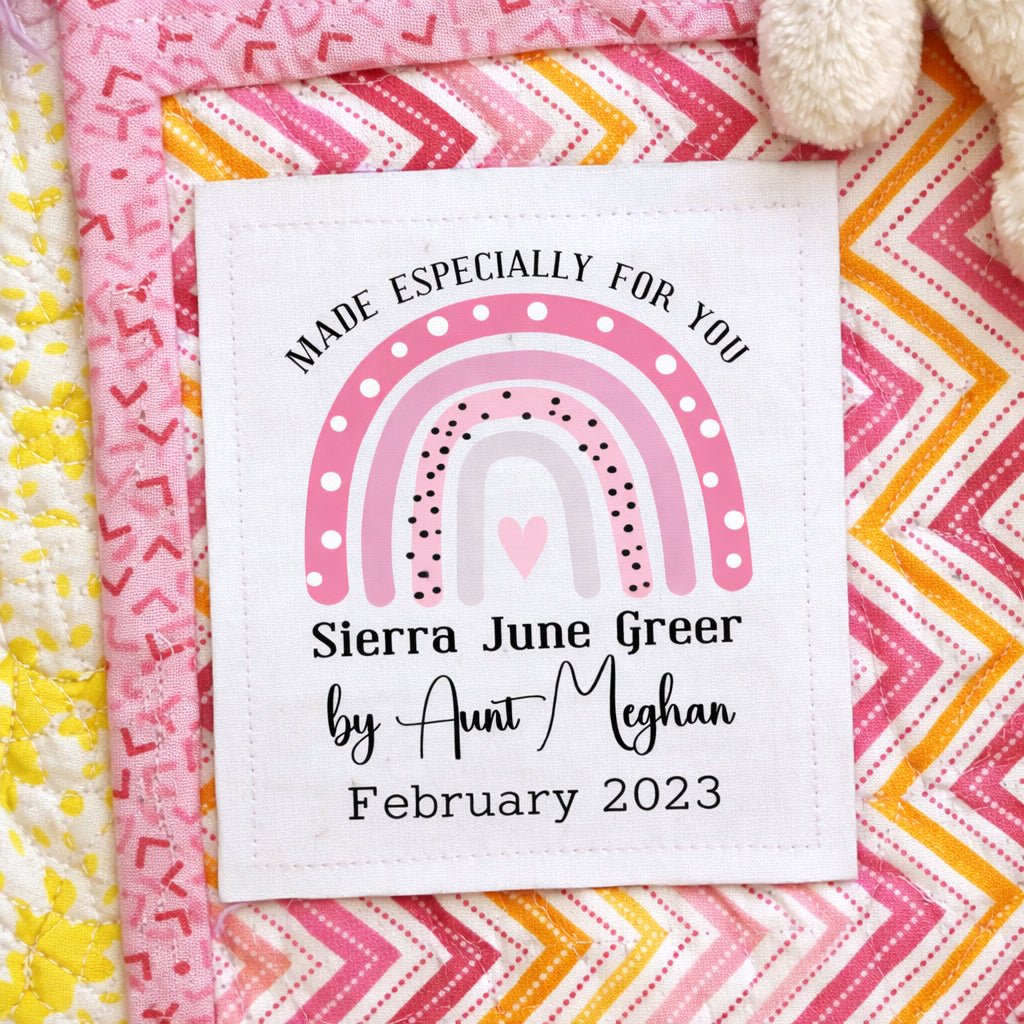 Personalized Baby Quilt Label with Pink Rainbow – Custom “Made Especially for You” Quilt Label – Name, Date & Maker – 3" x 3.75" - Jammin Threads
