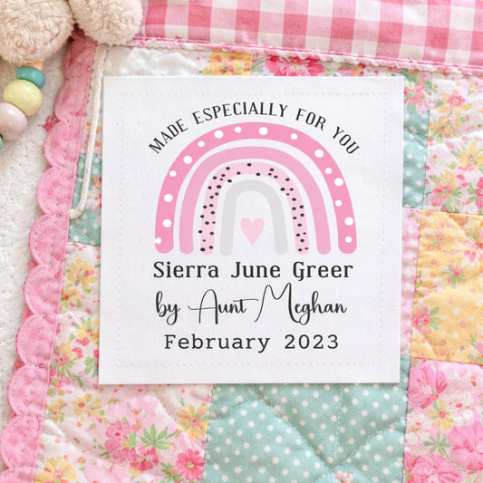 Personalized Baby Quilt Label with Pink Rainbow – Custom “Made Especially for You” Quilt Label – Name, Date & Maker – 3" x 3.75" - Jammin Threads