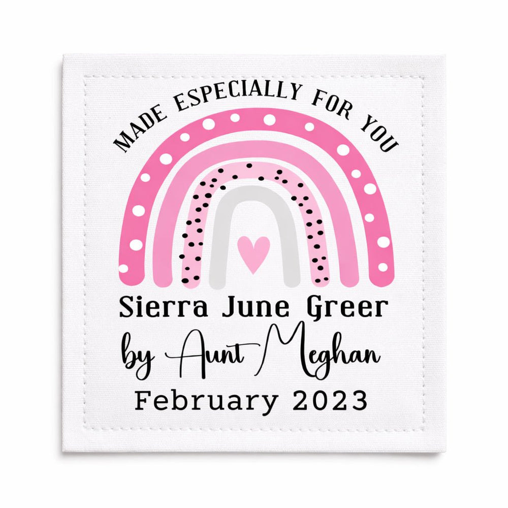 Personalized Baby Quilt Label with Pink Rainbow – Custom “Made Especially for You” Quilt Label – Name, Date & Maker – 3" x 3.75" - Jammin Threads