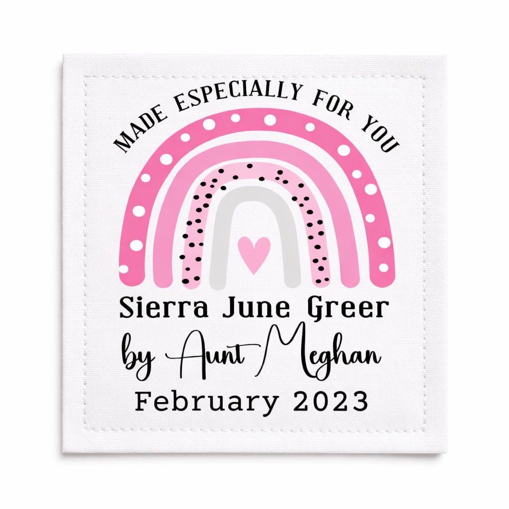 Personalized Baby Quilt Label with Pink Rainbow – Custom “Made Especially for You” Quilt Label – Name, Date & Maker – 3" x 3.75" - Jammin Threads