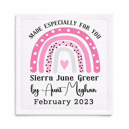 Personalized Baby Quilt Label with Pink Rainbow – Custom “Made Especially for You” Quilt Label – Name, Date & Maker – 3" x 3.75" - Jammin Threads