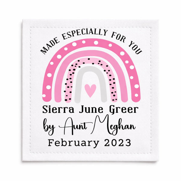 Personalized Baby Quilt Label with Pink Rainbow – Custom “Made Especially for You” Quilt Label – Name, Date & Maker – 3" x 3.75" - Jammin Threads