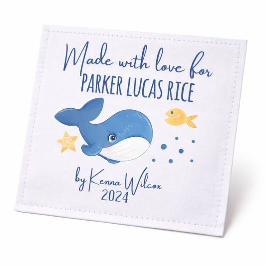 Personalized Baby Quilt Label with Whale – Custom “Made with Love For” Quilt Tag, Nautical Quilt Label, 3x3 Single Label - Jammin Threads