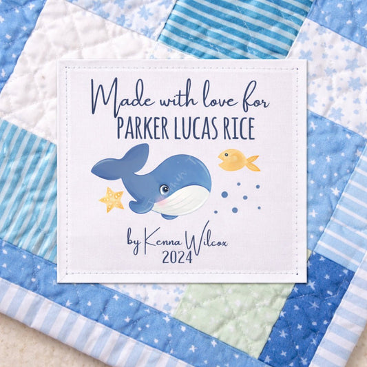 Personalized Baby Quilt Label with Whale – Custom “Made with Love For” Quilt Tag, Nautical Quilt Label, 3x3 Single Label - Jammin Threads