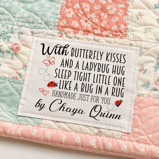 Personalized Baby Quilt Labels – Butterfly Kisses Ladybug Hug Quilt Tag – Custom Quilt Label – Handmade Baby Quilt Label – 2 x 2.5" - Jammin Threads