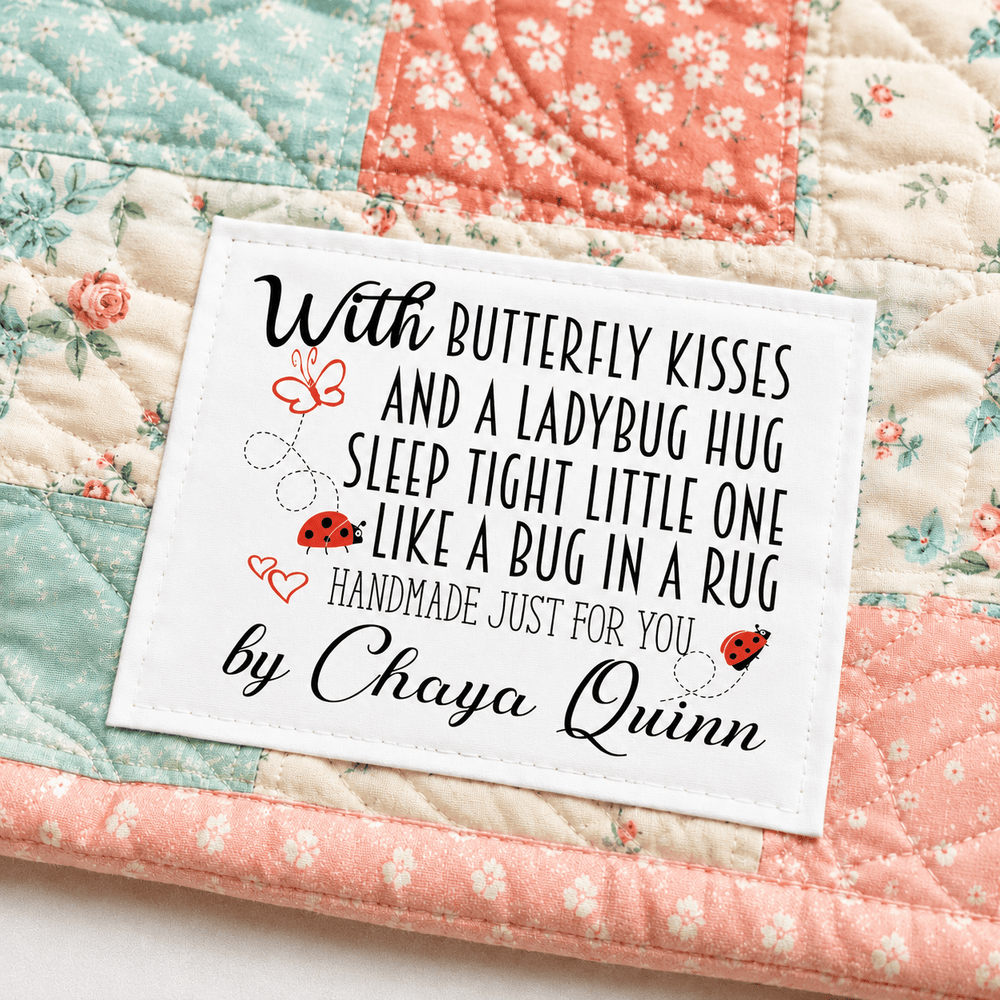 Personalized Baby Quilt Labels – Butterfly Kisses Ladybug Hug Quilt Tag – Custom Quilt Label – Handmade Baby Quilt Label - Jammin Threads