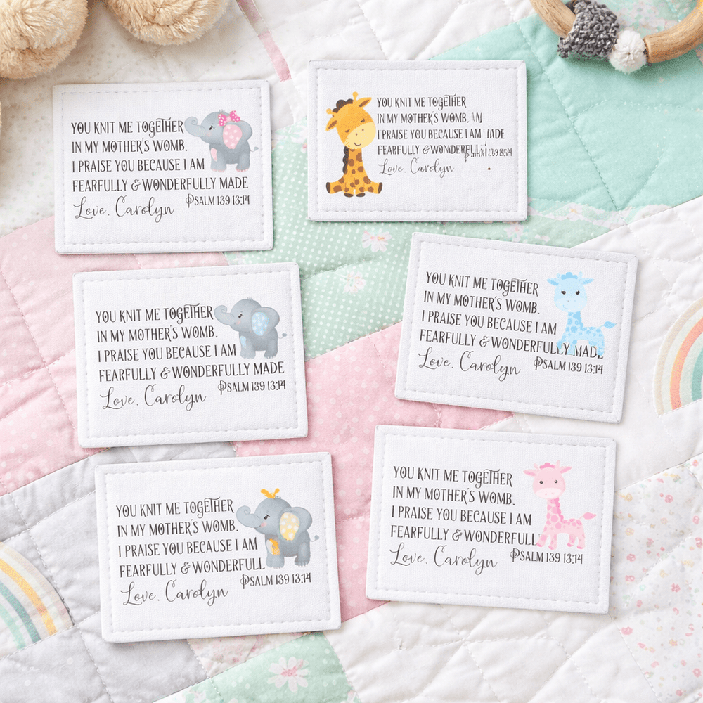 Personalized Baby Quilt Labels Set – Giraffe & Elephant Fabric Tags with Psalm 139 | Custom Sew - On Quilt Labels for Baby Gifts - Jammin Threads
