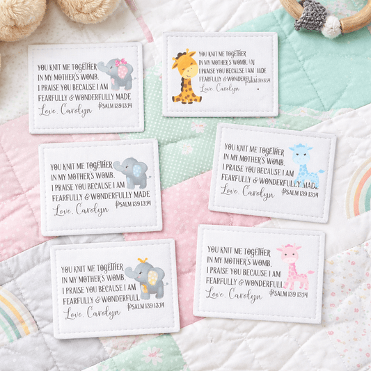 Personalized Baby Quilt Labels Set – Giraffe & Elephant Fabric Tags with Psalm 139 | Custom Sew - On Quilt Labels for Baby Gifts - Jammin Threads