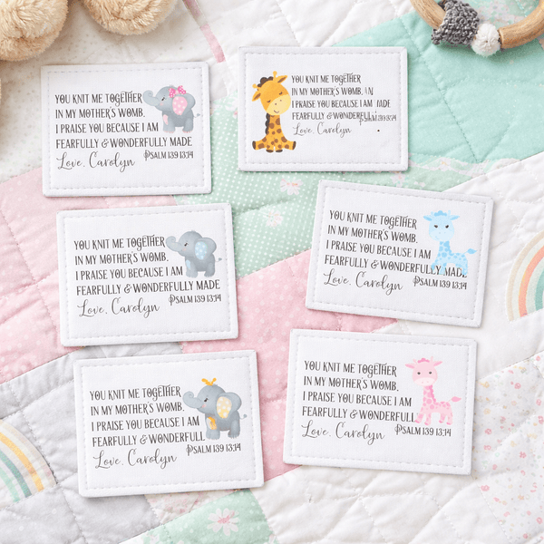 Personalized Baby Quilt Labels Set – Giraffe & Elephant Fabric Tags with Psalm 139 | Custom Sew - On Quilt Labels for Baby Gifts - Jammin Threads